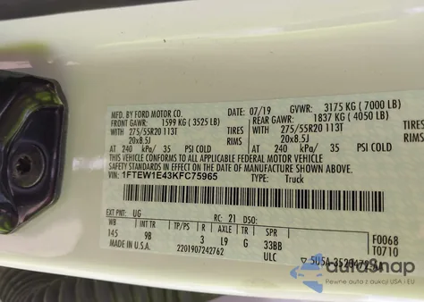 2019 Ford F-150 Platinum from USA, damaged, VIN 1FTEW1E43KFC75965